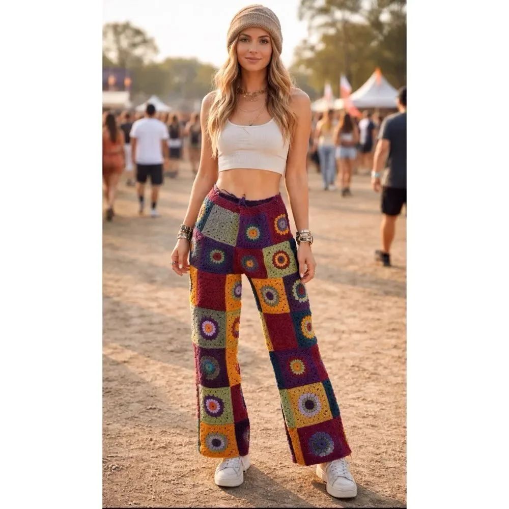 Vintage Crochet Granny Square 
Retro Festival Pants Size M/ L